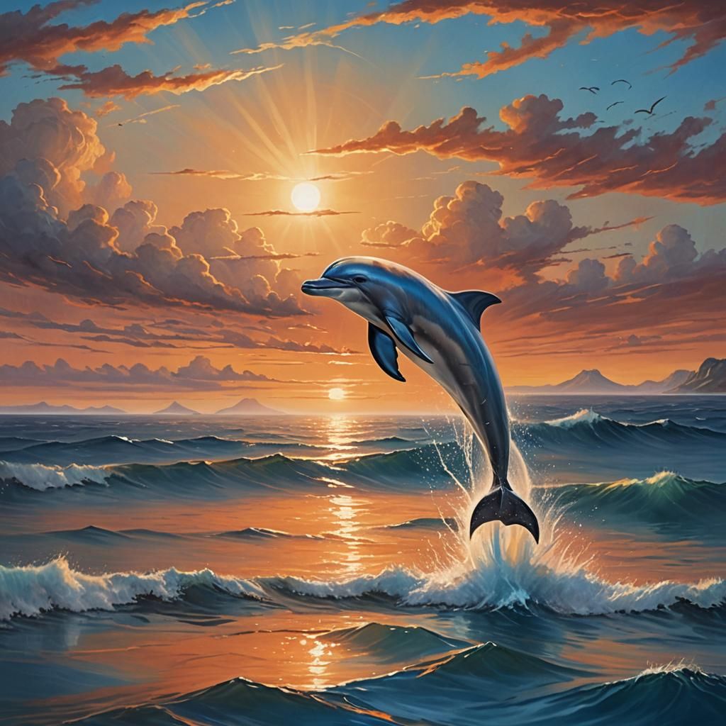 Dolphin's Sunset Flight: A Digital Oil Painting