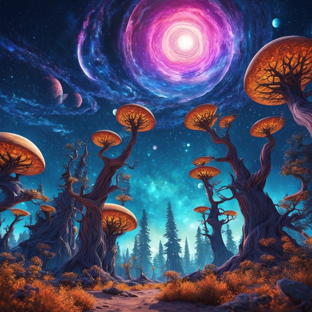 Cosmic Alien Planet with Bioluminescent Flora