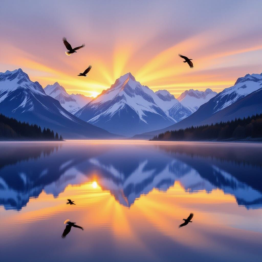 Golden Sunrise Over Snow-Capped Mountains With Soaring Eagle...