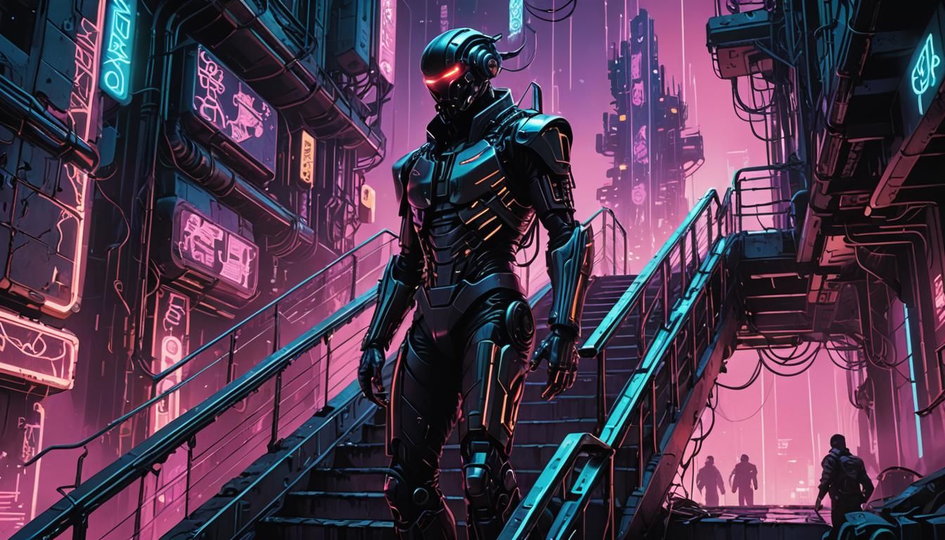AI Climbs Futuristic City in Cyberpunk Illustration