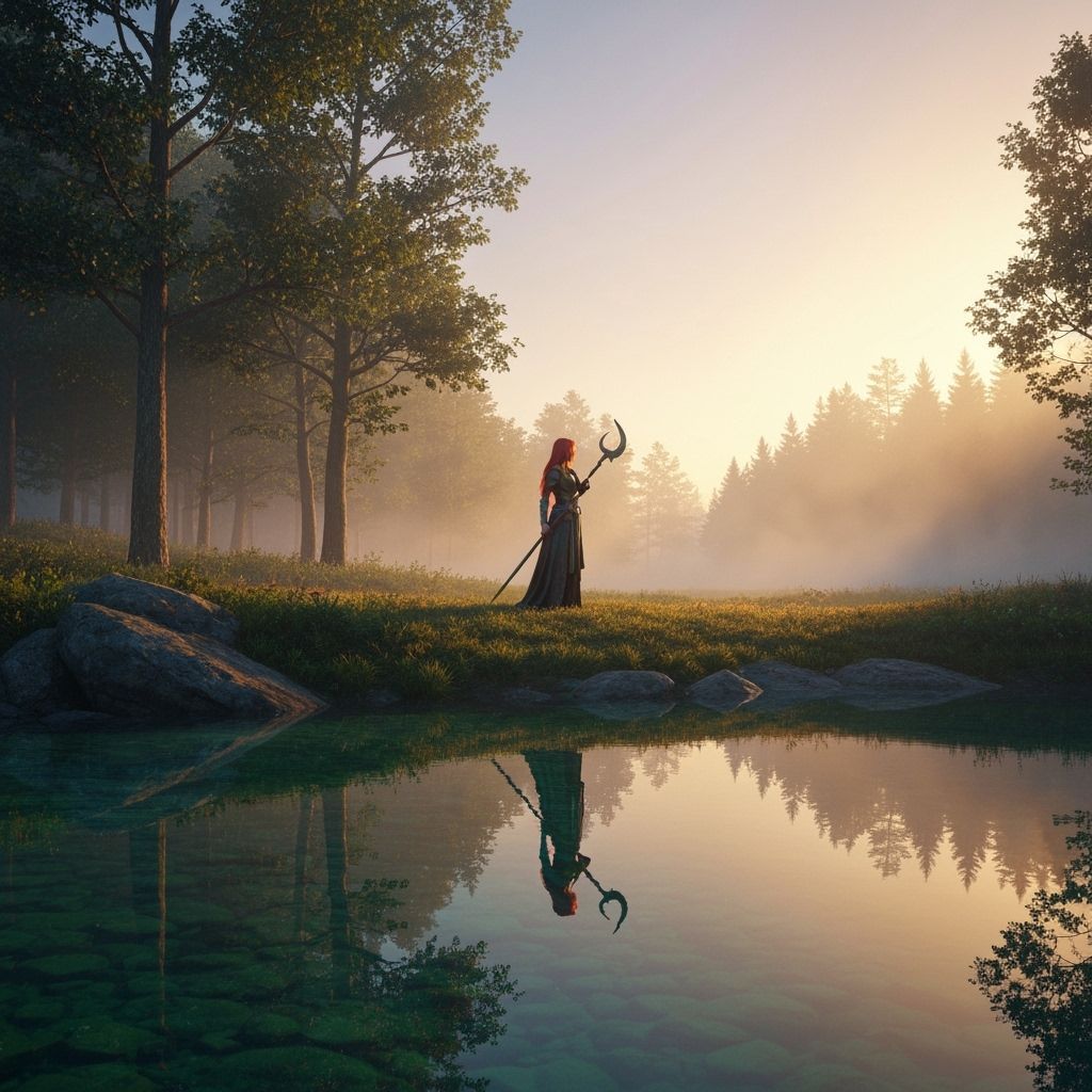 Serene Valkyrie Reflection in Misty Glade