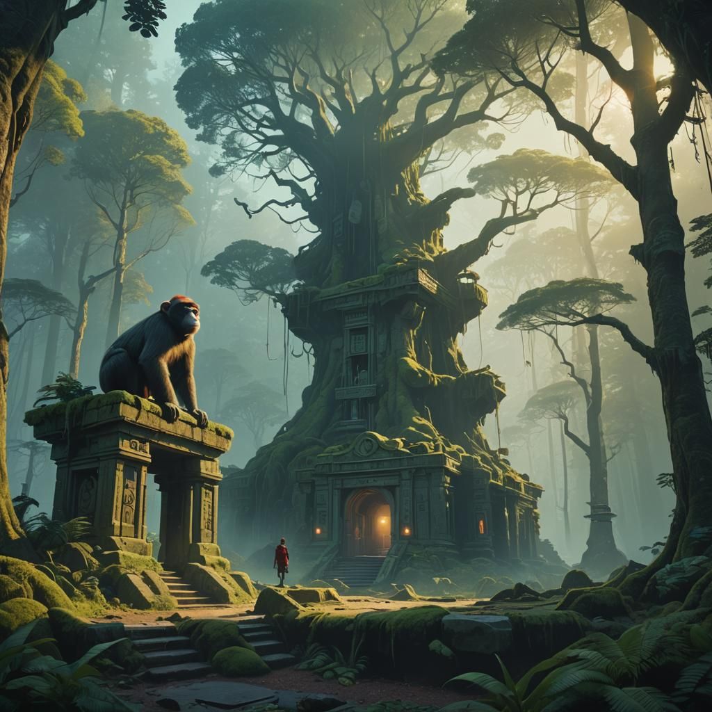 Monkey in Ancient Forest Temple: Matte Painting