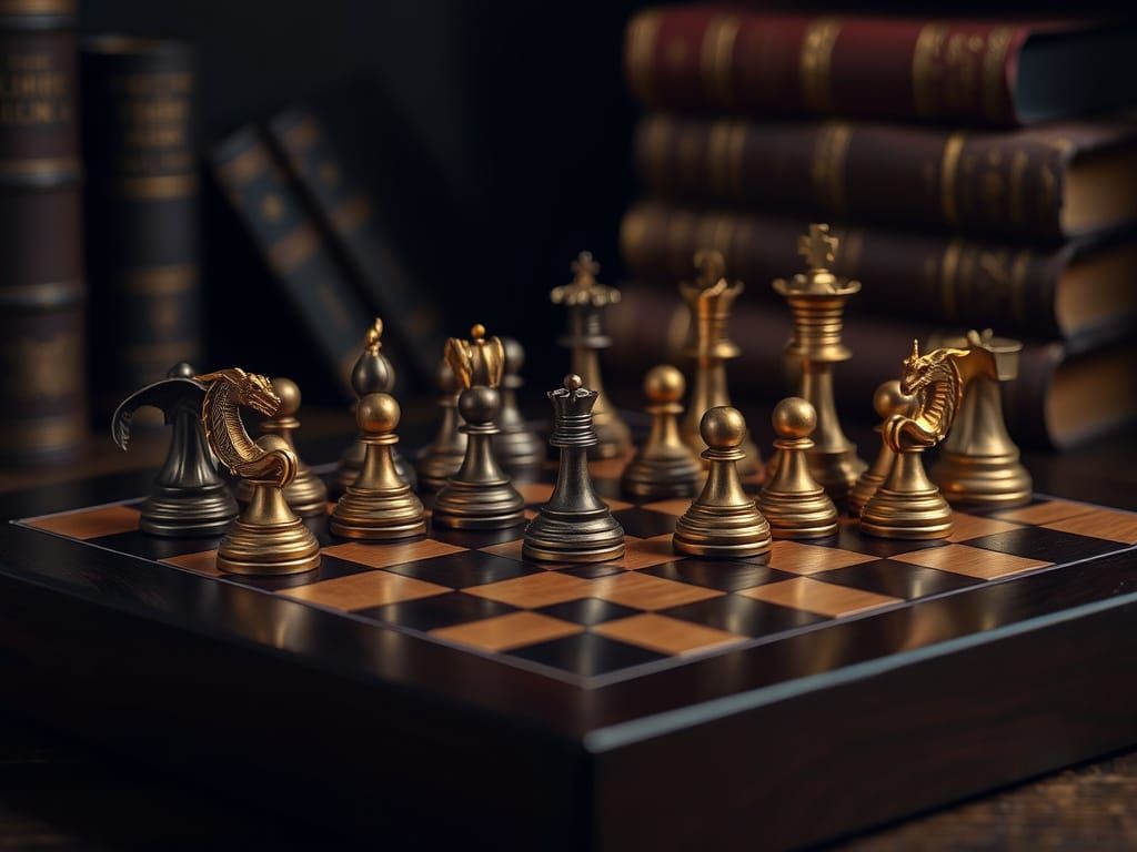 Gold Chess on Dark Wood in Hyperrealism Style