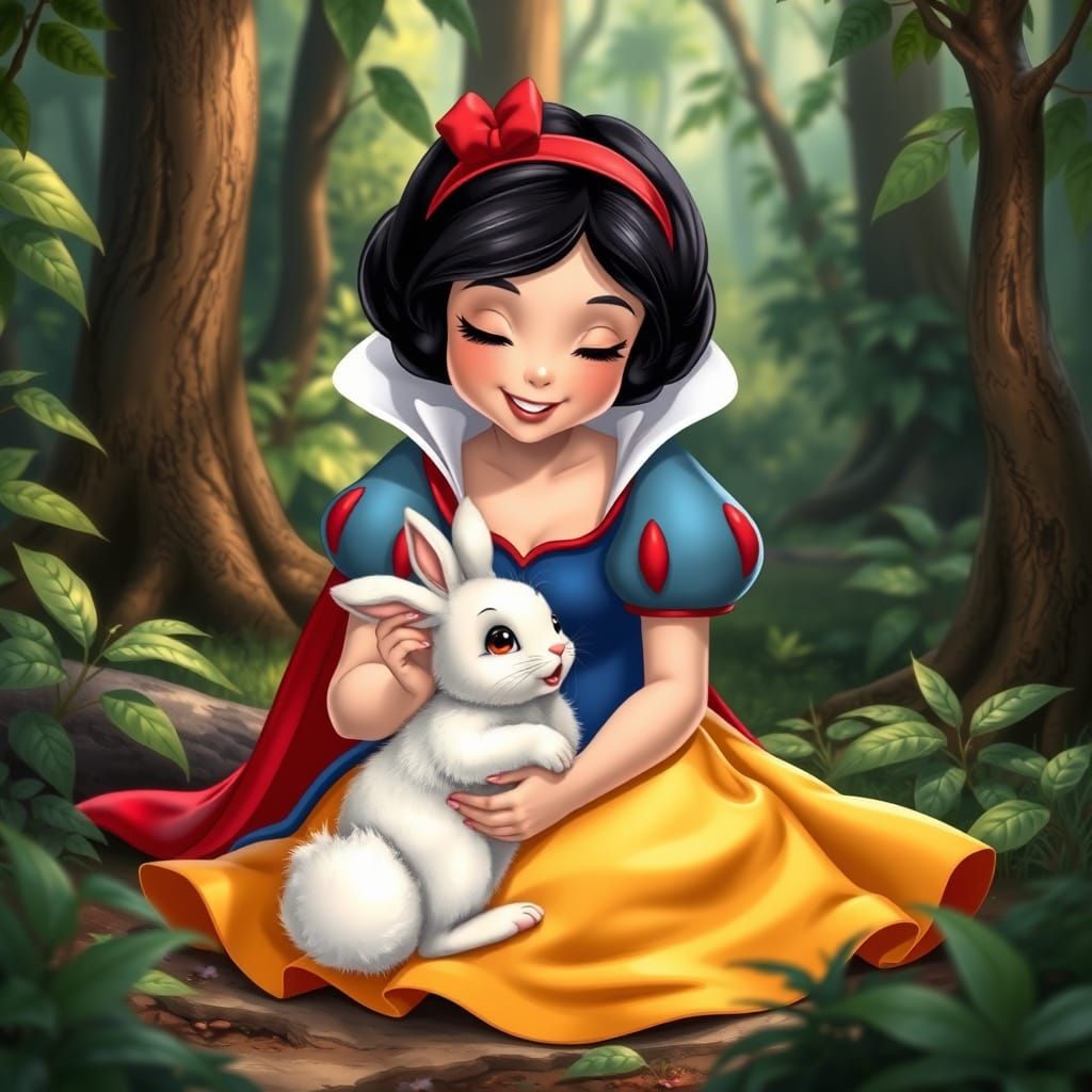 Realistic Disney Snow White with Bunny in Forest