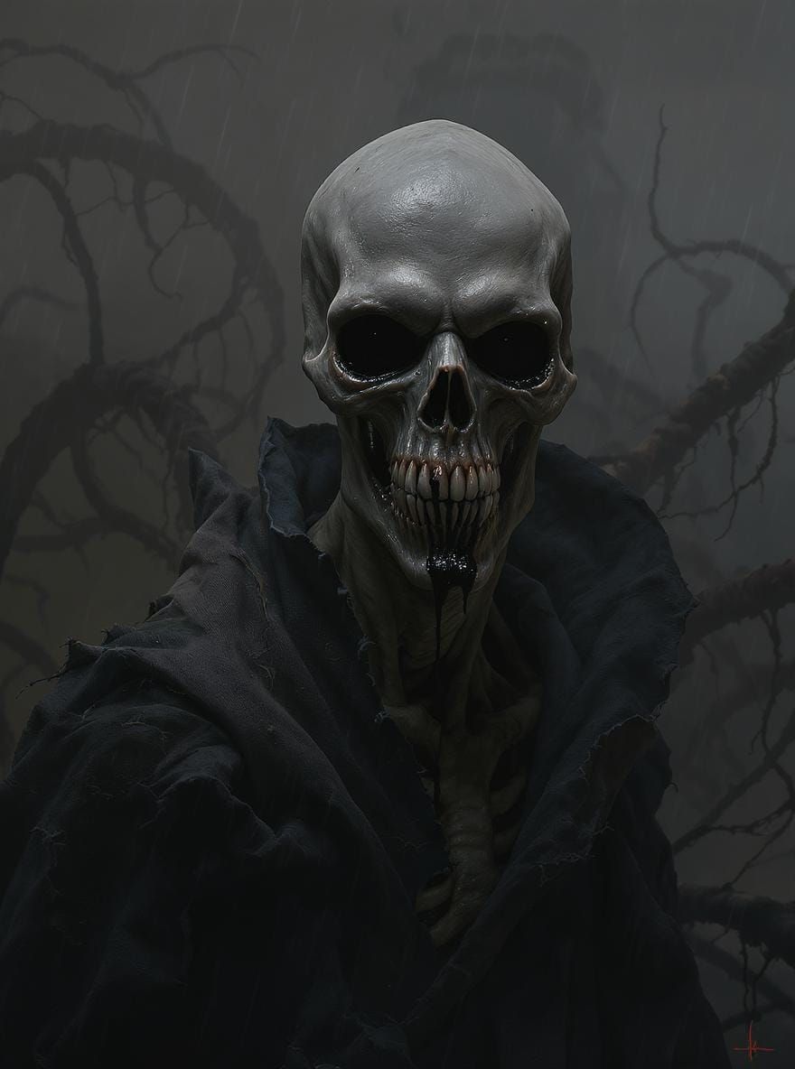 Eerie Skeletal Creature in Dark Surrealist Style
