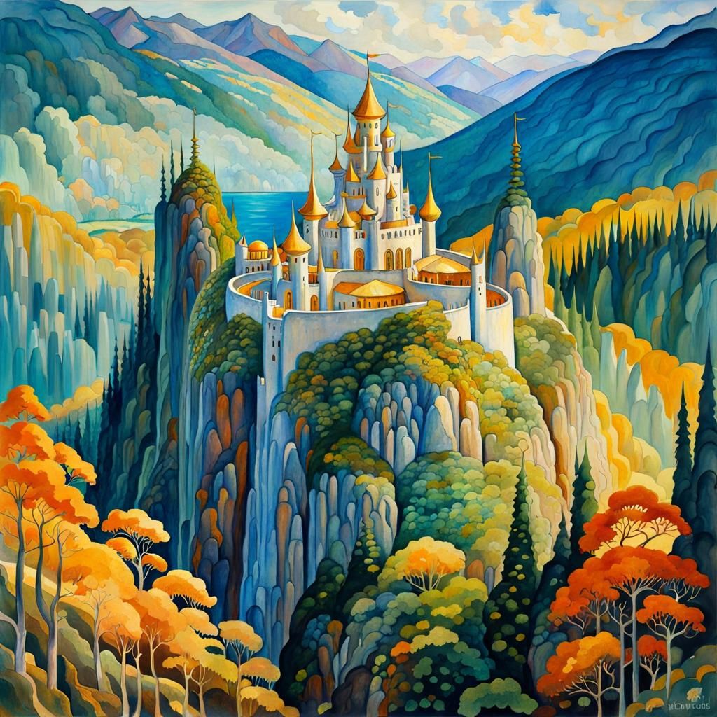 Elven Castle Landscape in Art Nouveau Gouache Style