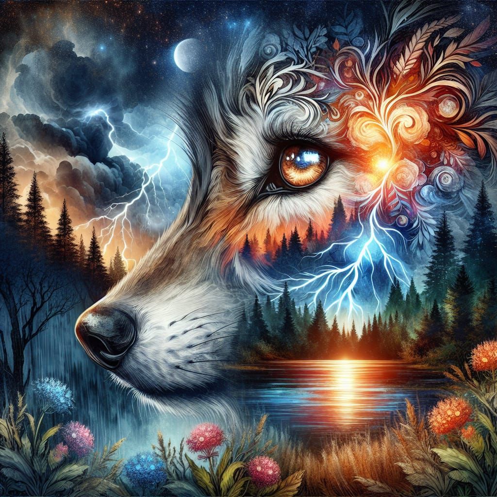 Watercolor Wolf Lady Double Exposure in Pre-1912 Style