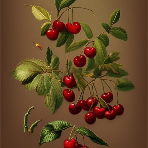 cherry varieties, botanical illustration, white background, ...
