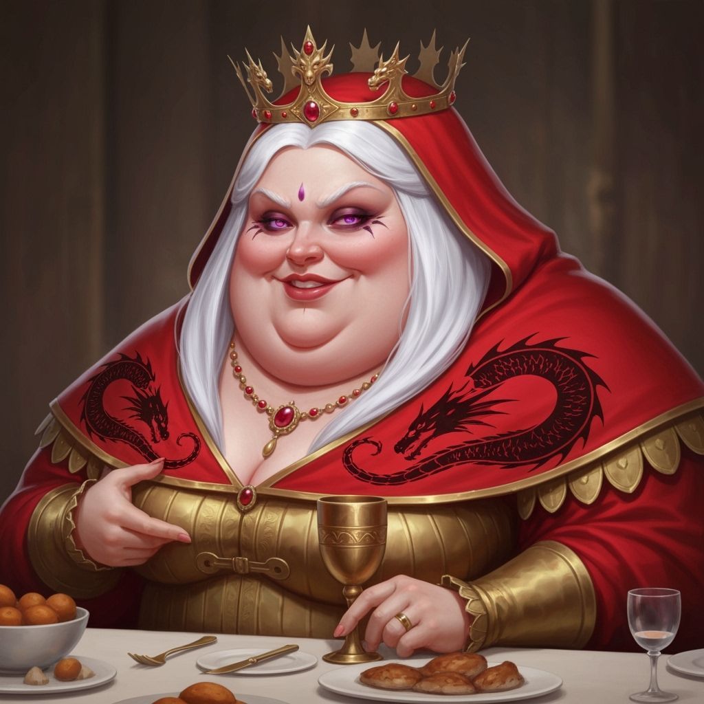 Obese Medieval Queen with Dragon Cloak, Detailed Portrait