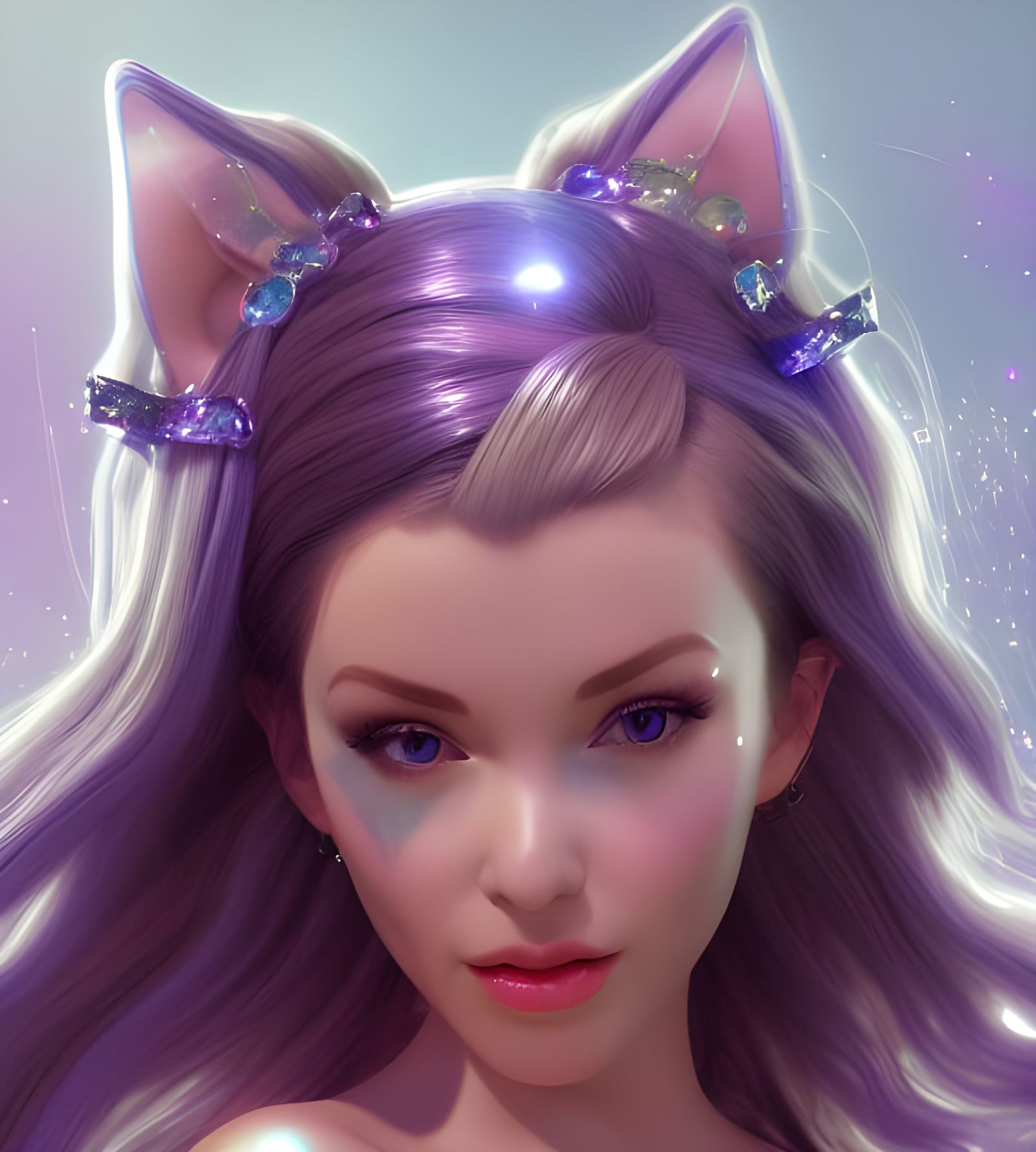 Cute Woman with Crystalline Cat Ears in Art Nouveau Style