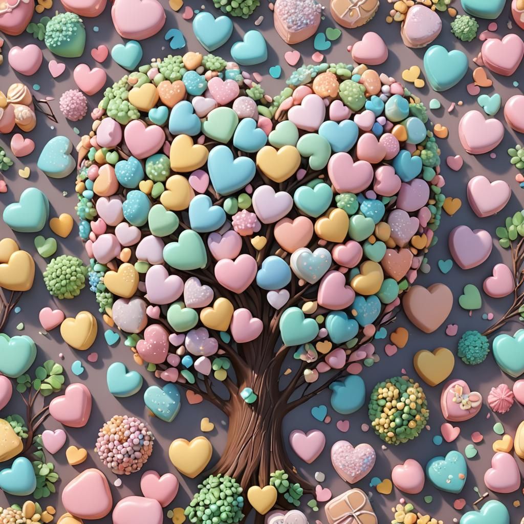 Pastel Candy Heart Tree in 3D Anime Style