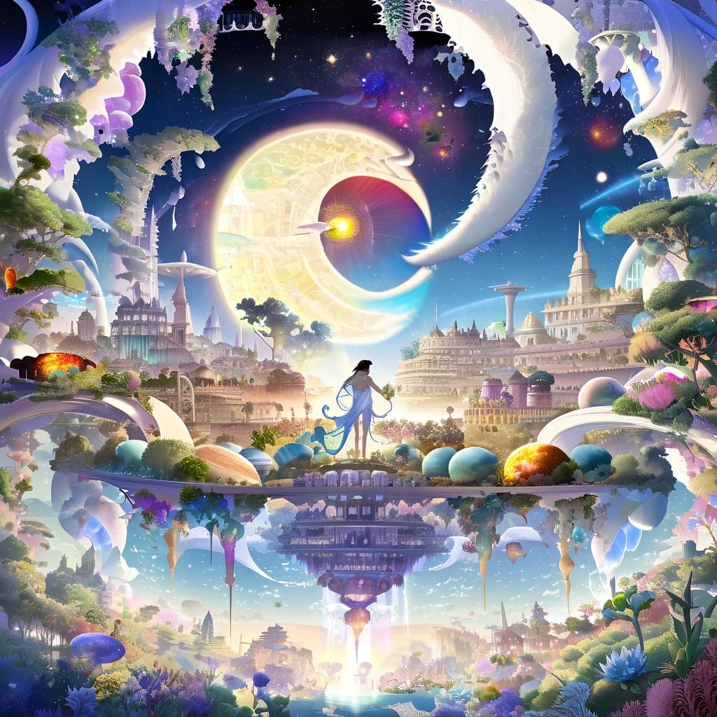 Cosmic Space City with Nature and Fractal Elements