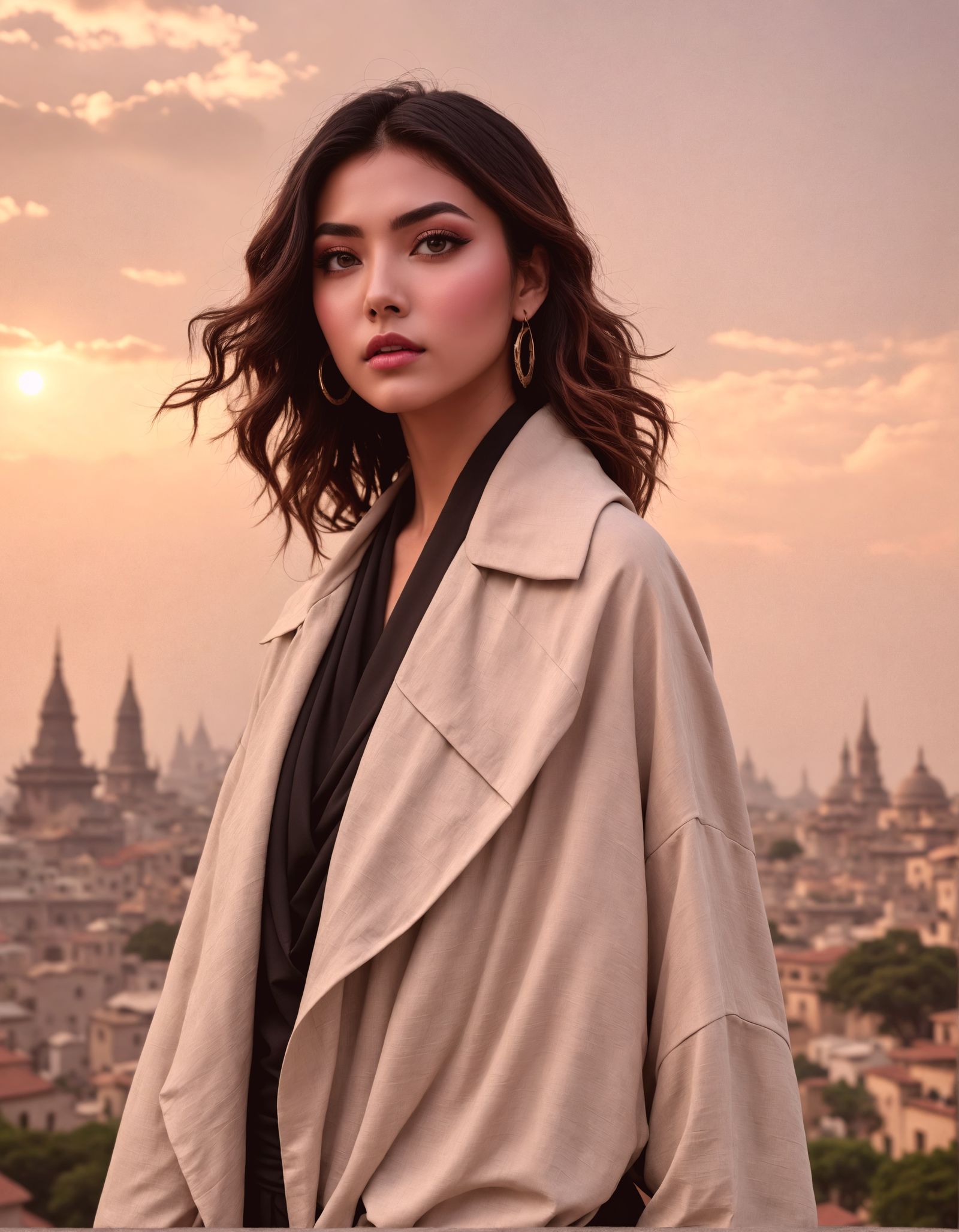 Elegant Woman in Dusty Pink Overcoat, Misty Landscape