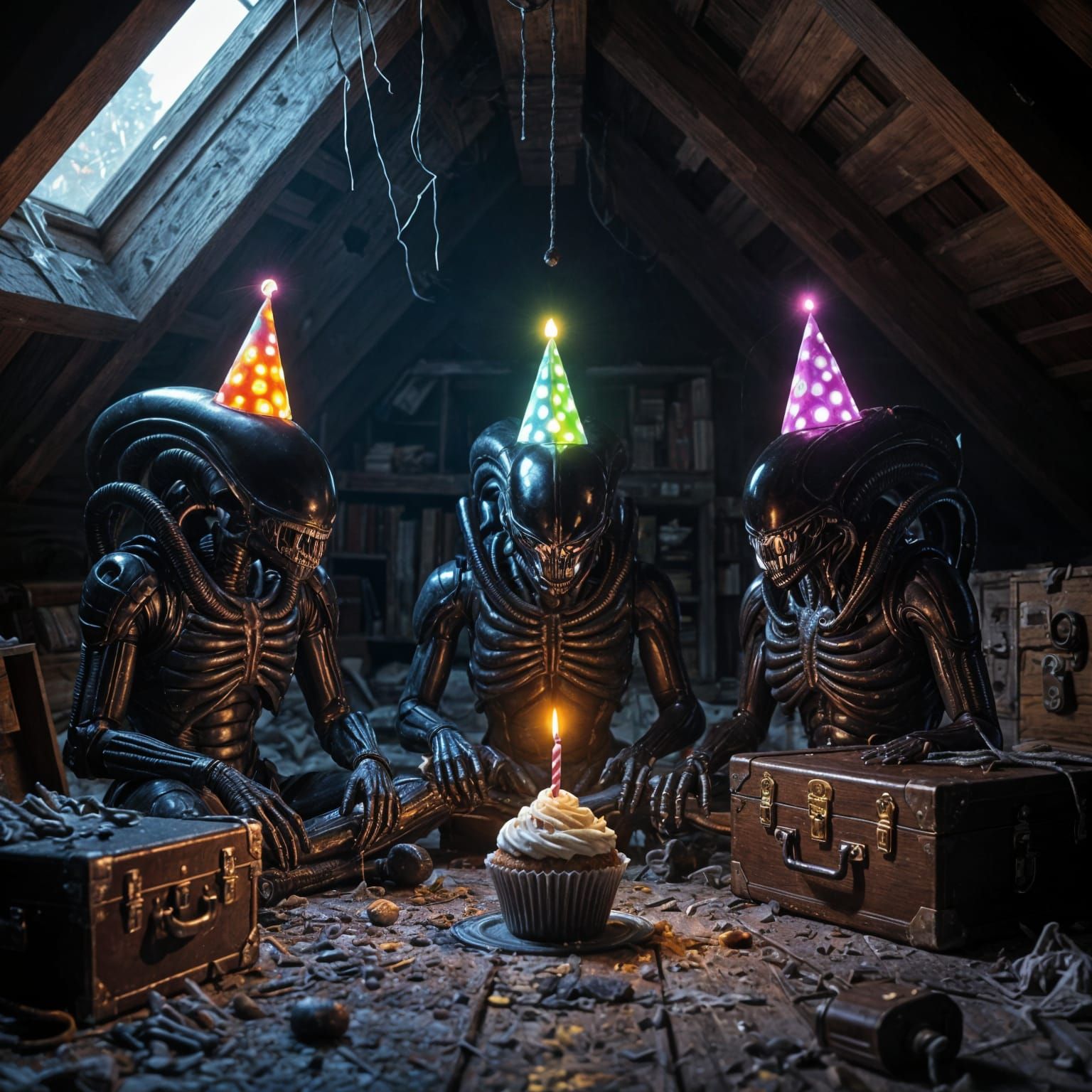 Xenomorph Birthday Party in Dark Attic
