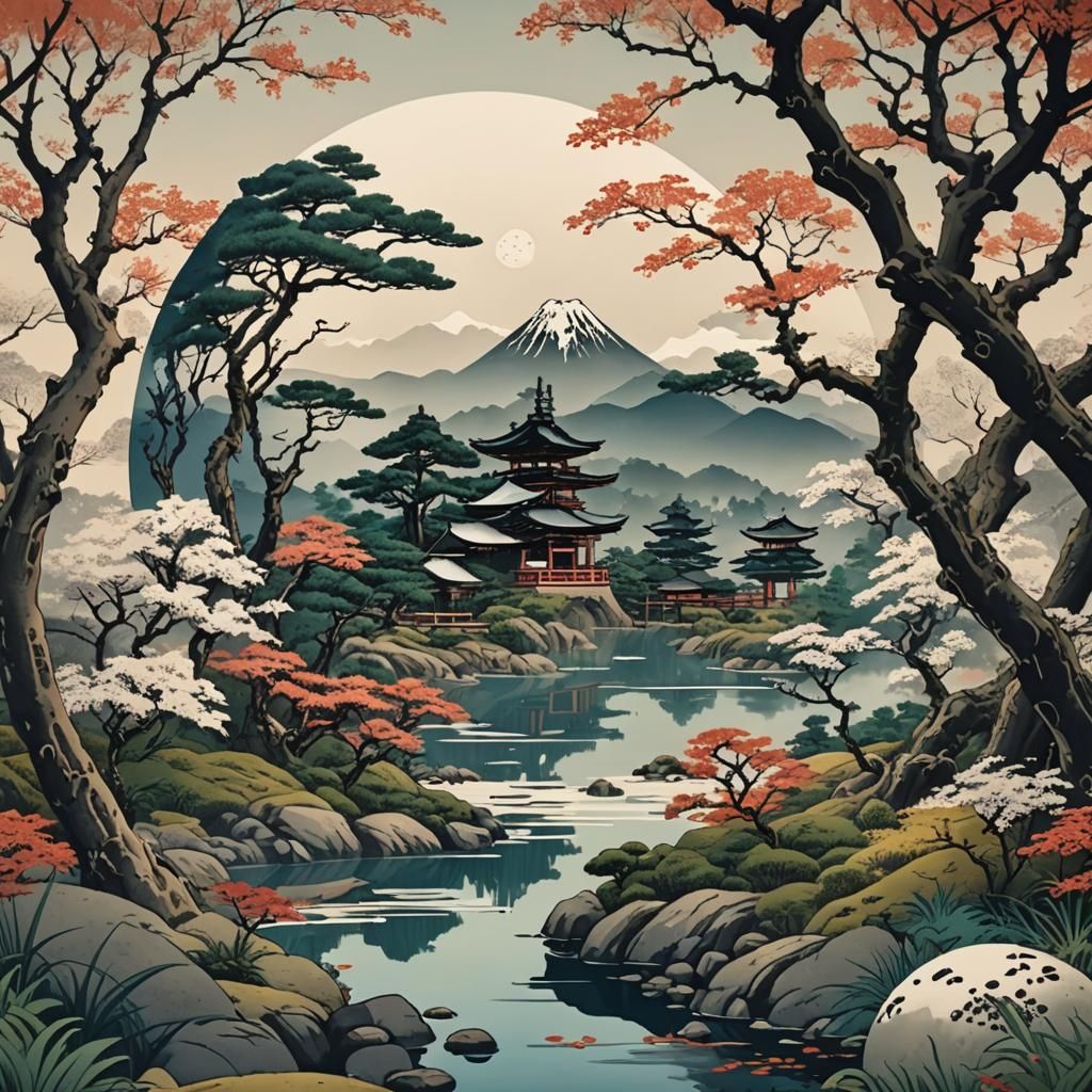 Sphere Blends Nature in Ukiyo-e Art Style
