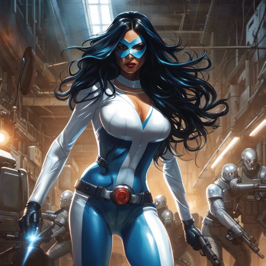 Indian Superhero in Latex Suit Surrounded by Mercenaries