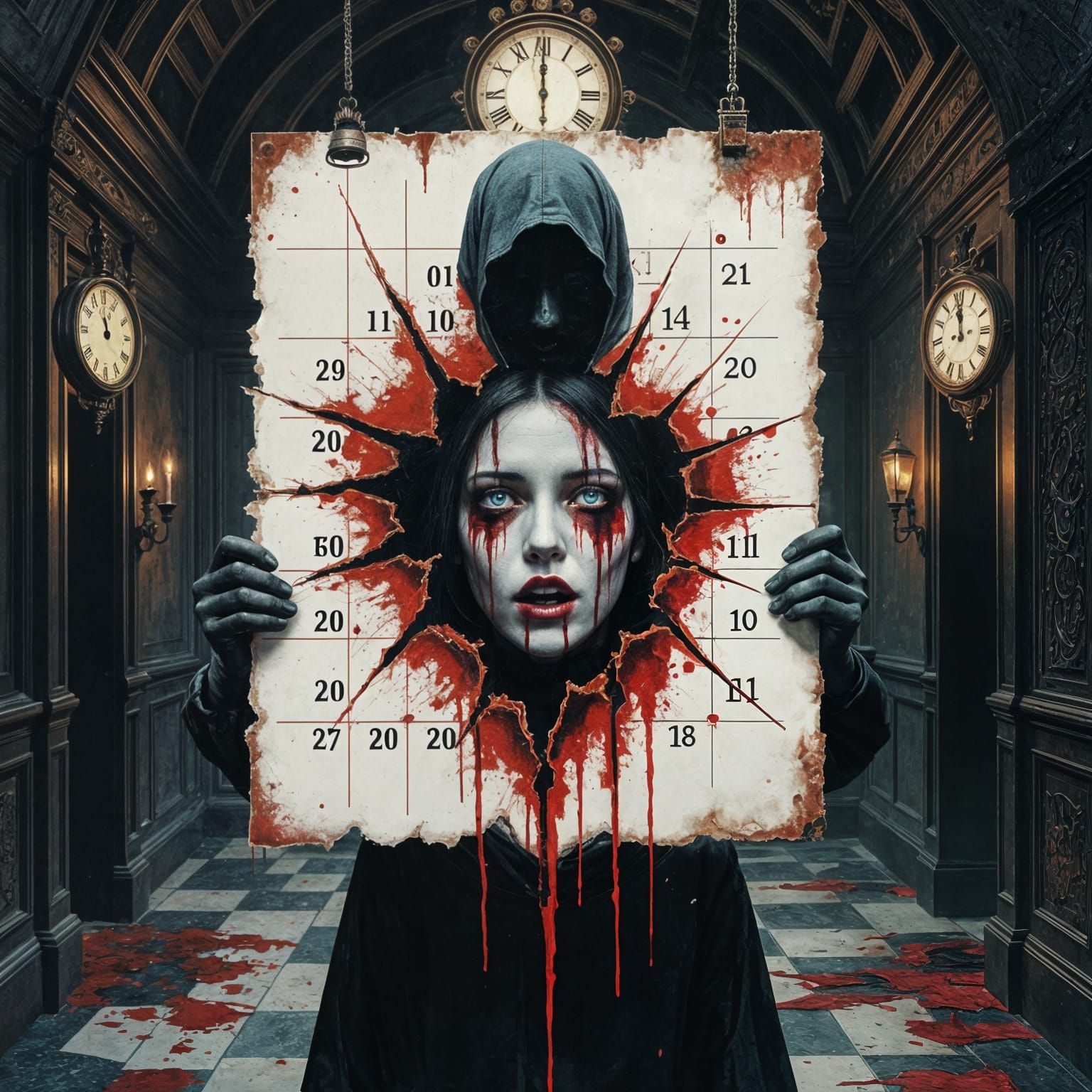 Haunting Calendar Ritual: Double Exposure Horror Art