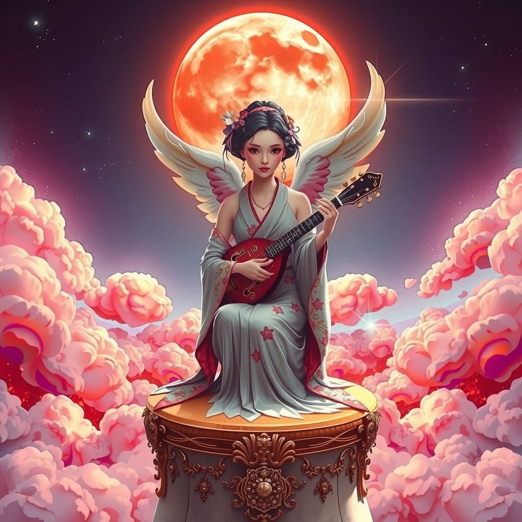 Surreal Geisha Angel in Cosmic Dreamscape with Vibrant Red M...