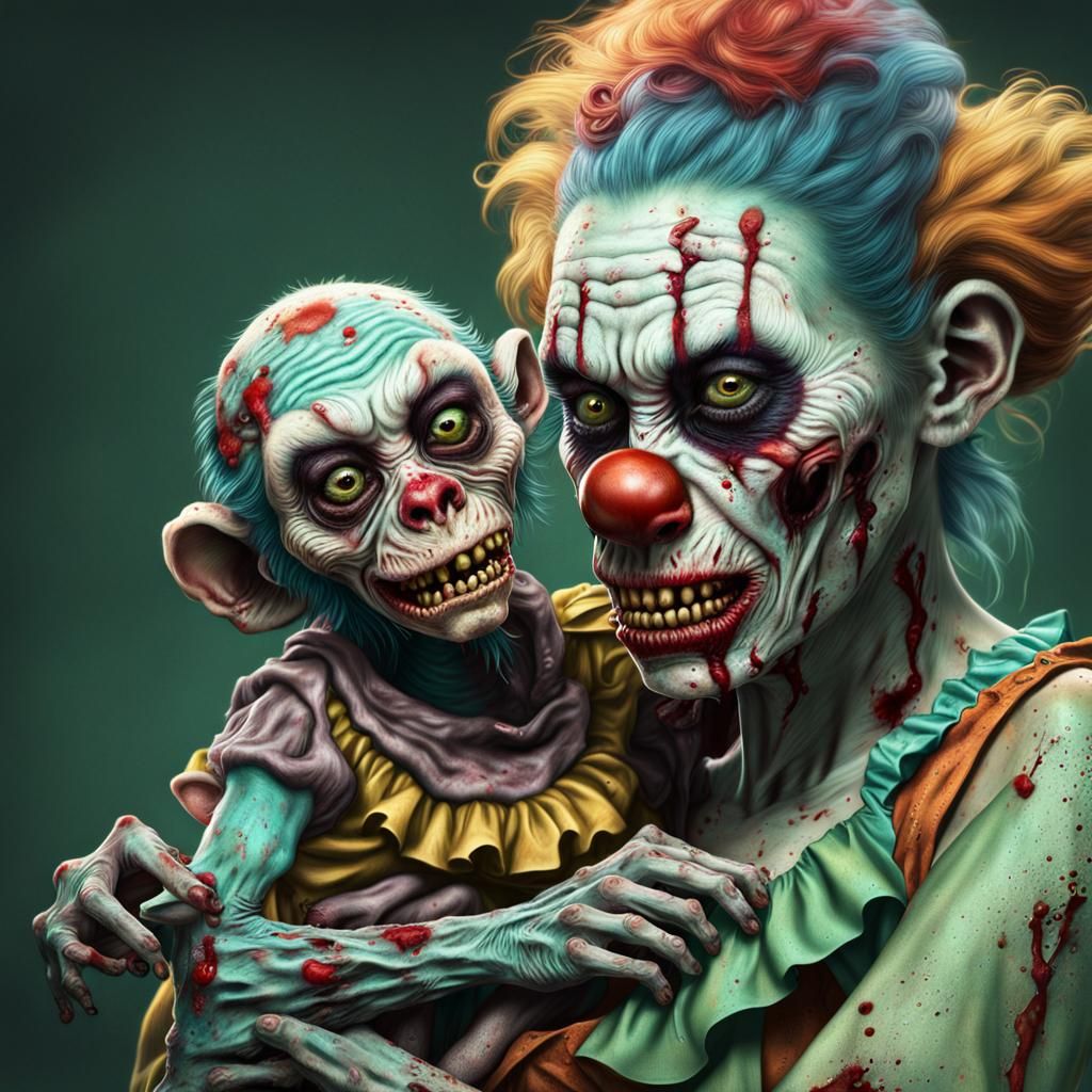 Creepy Zombie Clown Woman Nursing Baby: Hyperrealistic Art