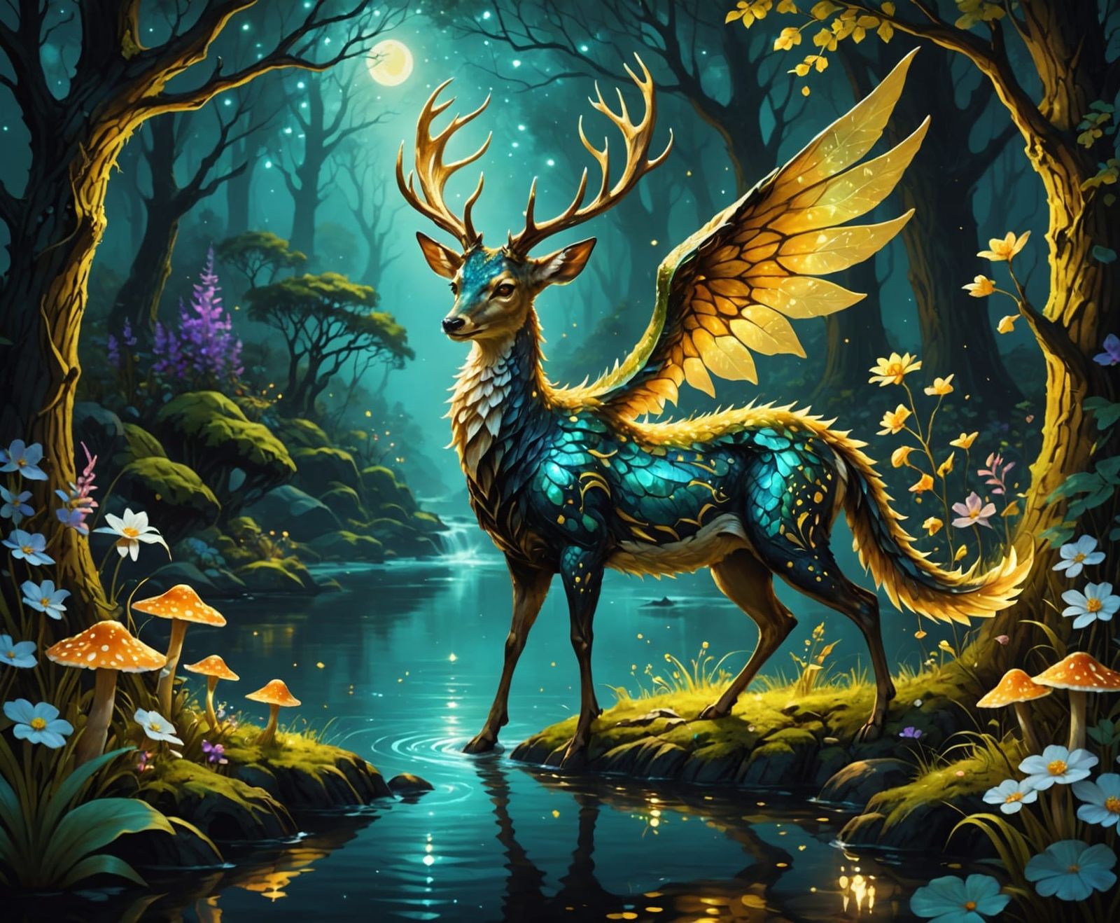 Luminescent Deer-Dragon Drinks at Night River in Surreal For...