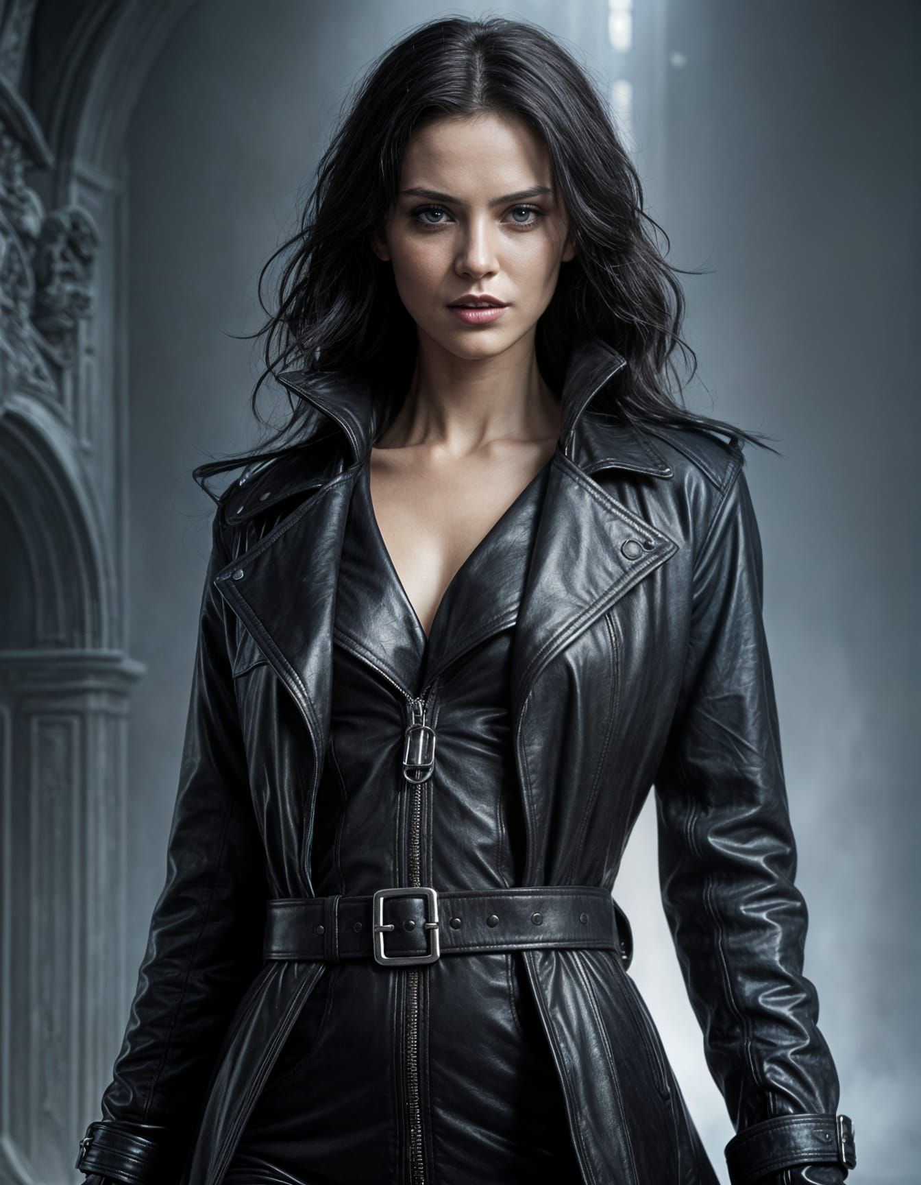 Gothic Vampire Goddess in Leather Coat