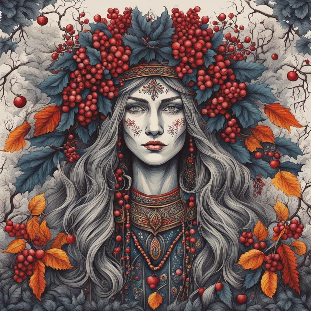 Ukrainian Witch in Winter Forest: Folklore Art
