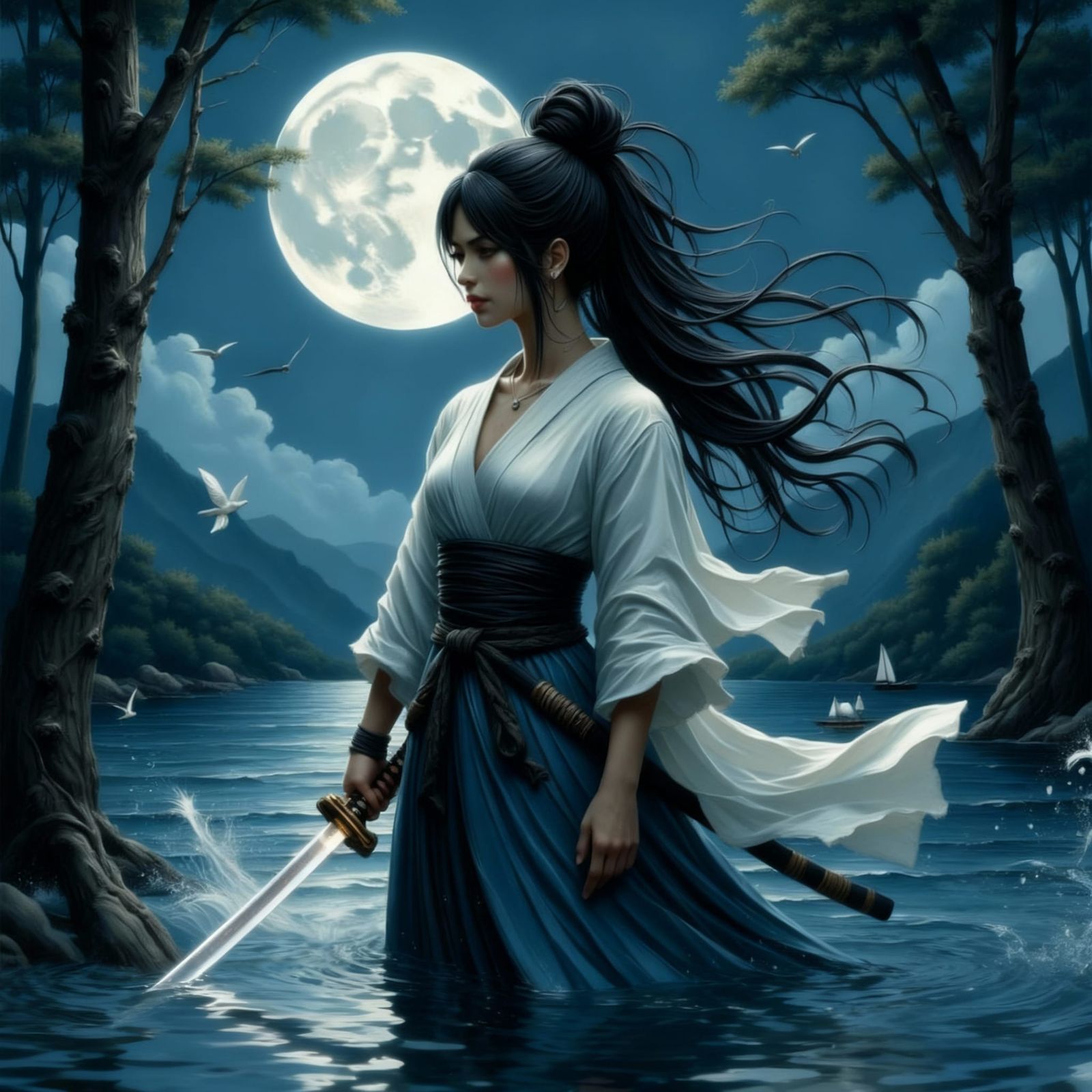 Silent Kunoichi Warrior in Moonlight