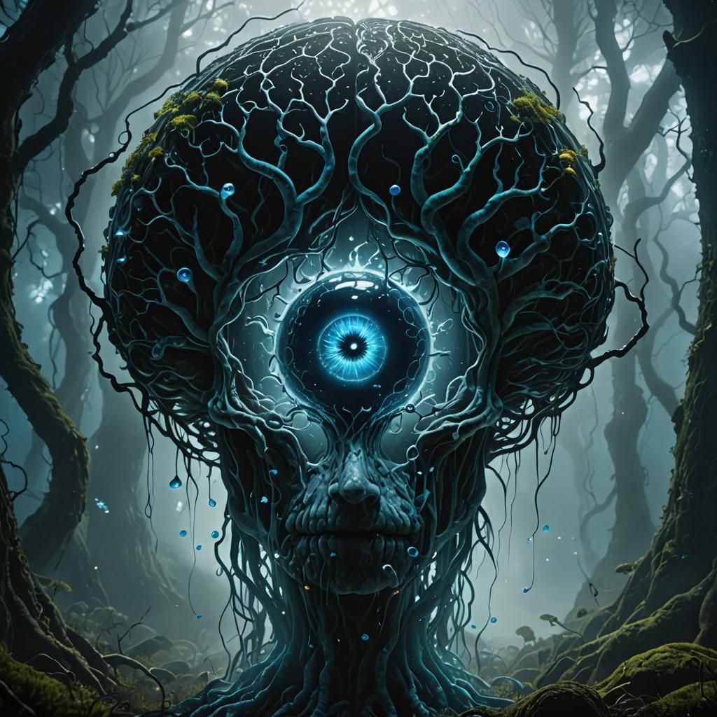 Surreal Glass Brain Floats in Dark Fantasy Landscape