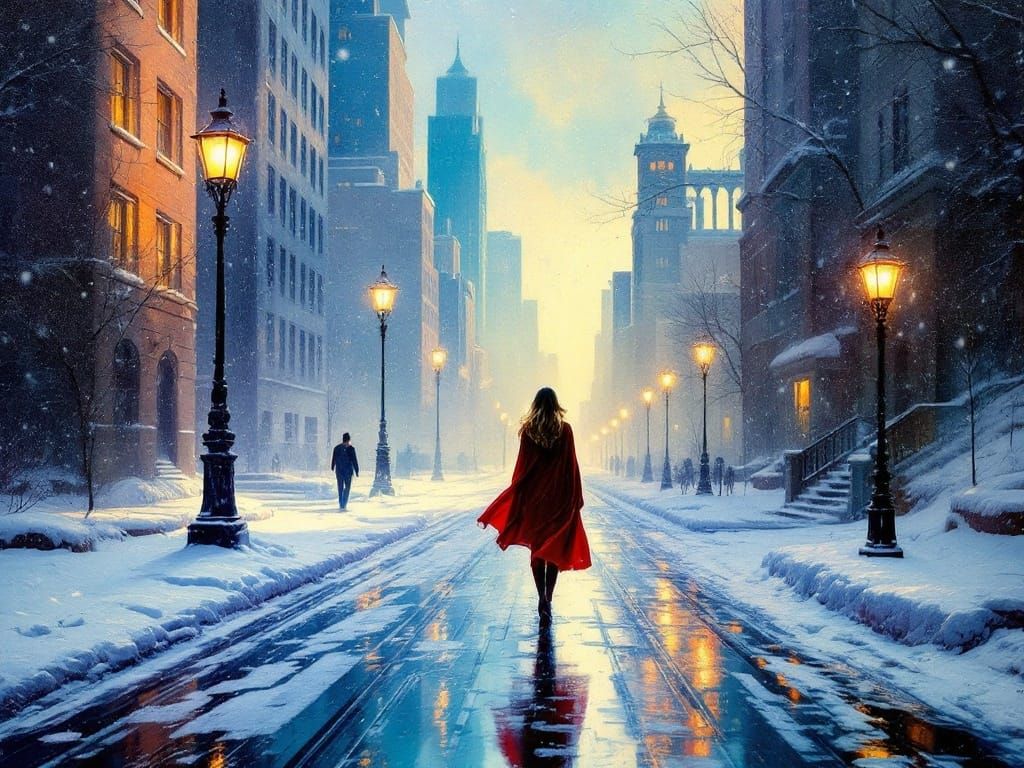Impressionist Cityscape with Supergirl in Icy Snow