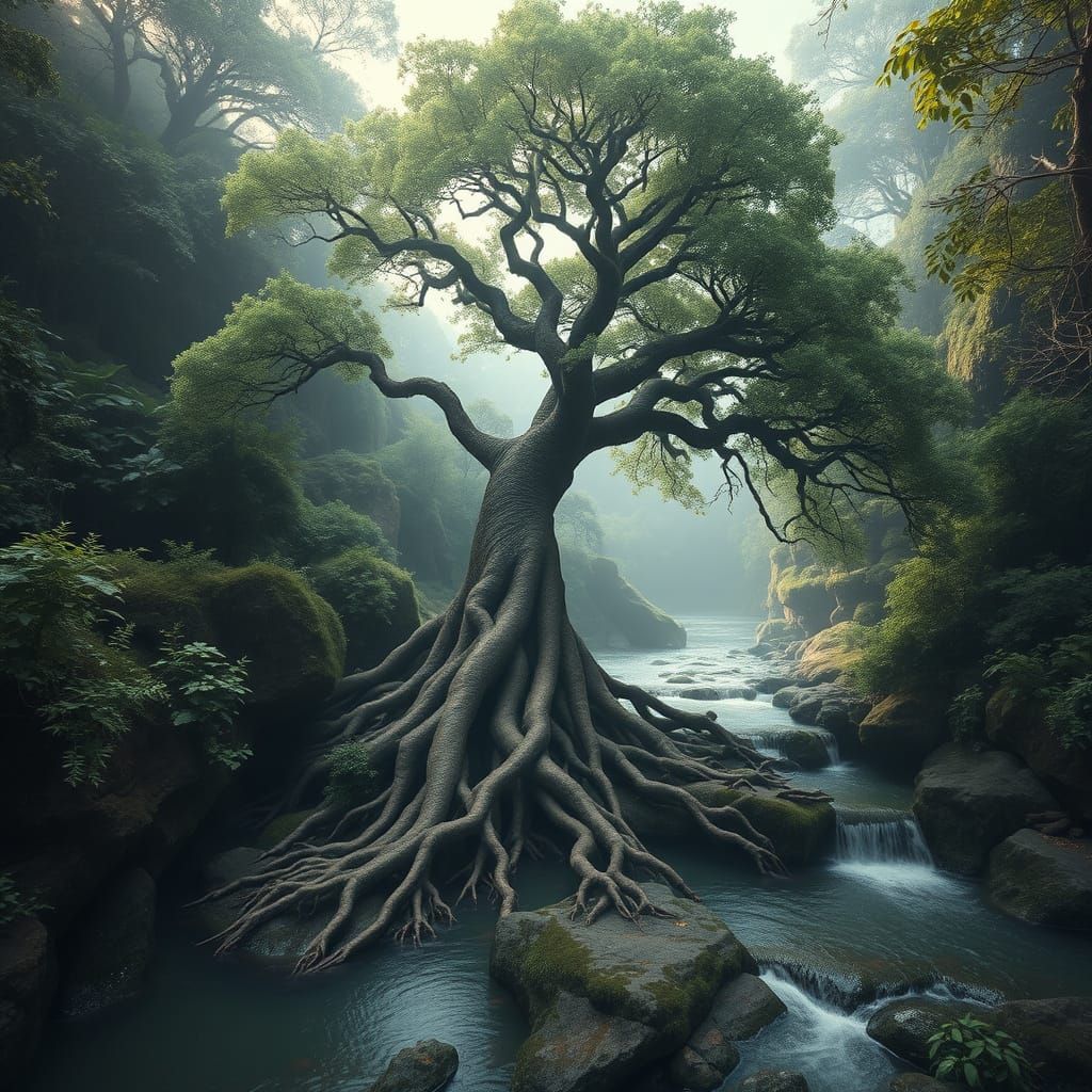 Majestic Tree of Life Emerging from Hidden Stream in Hyperre...