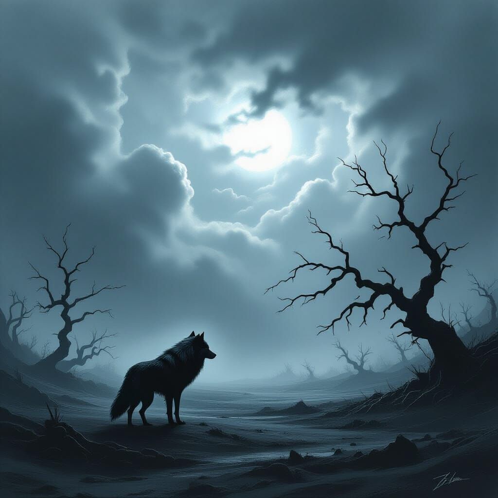 Spectral Wolf in Stormy Wasteland, Gothic Horror Concept Art