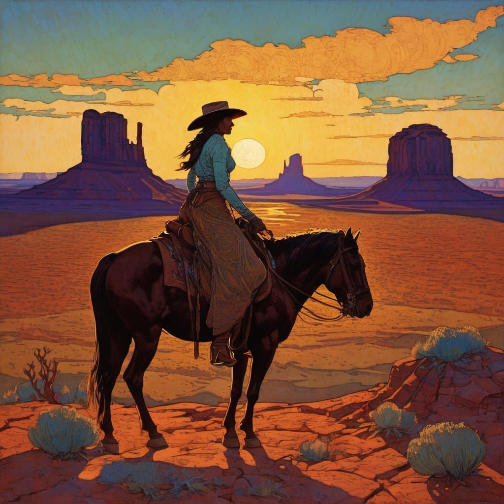She is a cowgirl riding the range, Monument Valley, at sunse...