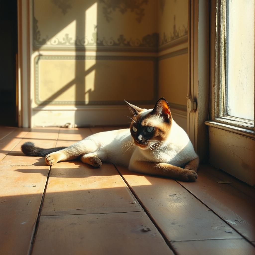 Siamese Cat in Abandoned House as Oil Painting