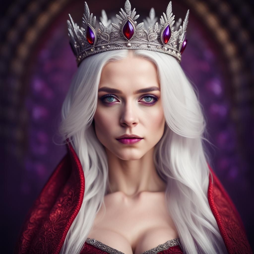 Beautiful Woman with White Hair and Crown in HDR