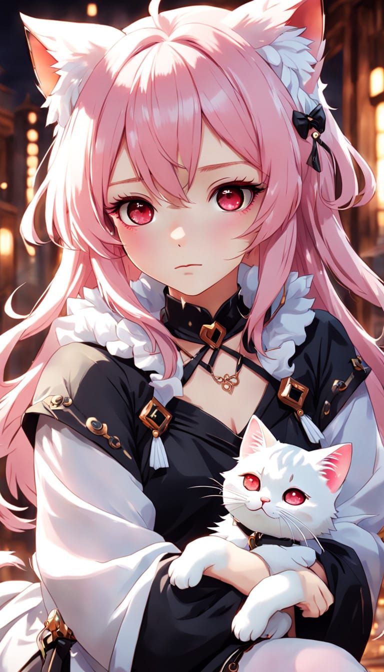 Anime Girl with Red Eyes and Pink Hair Exudes Serene Eleganc...