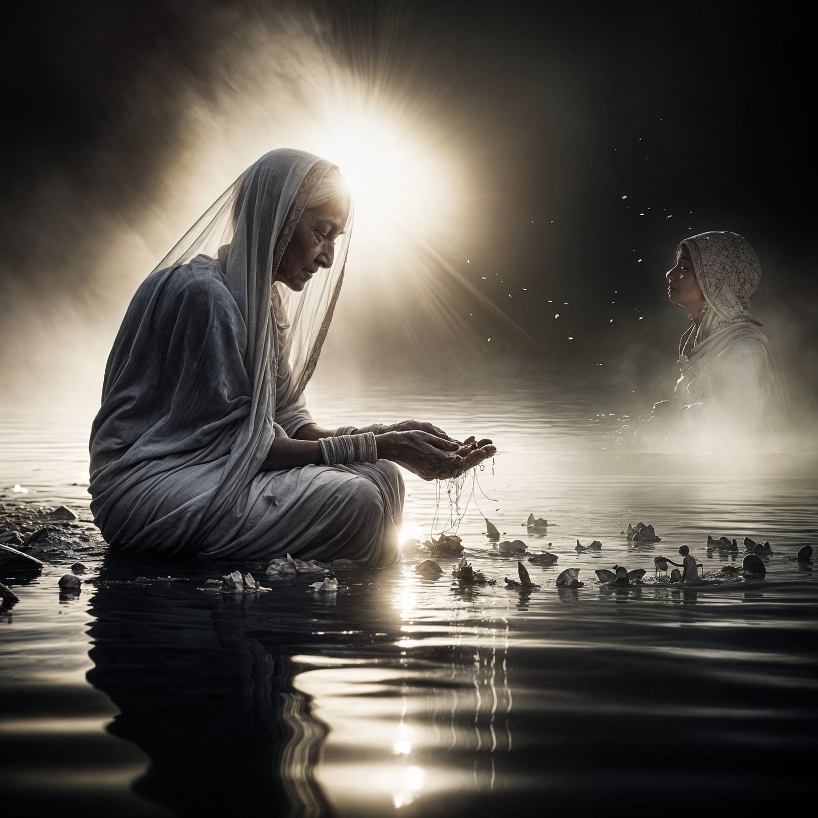 South Asian Widow in Devout Prayer at the Ganges River