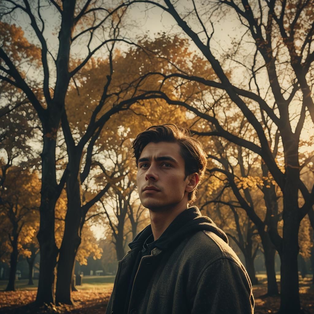 Young Man Gazing at Autumn Horizon in Film Noir Style