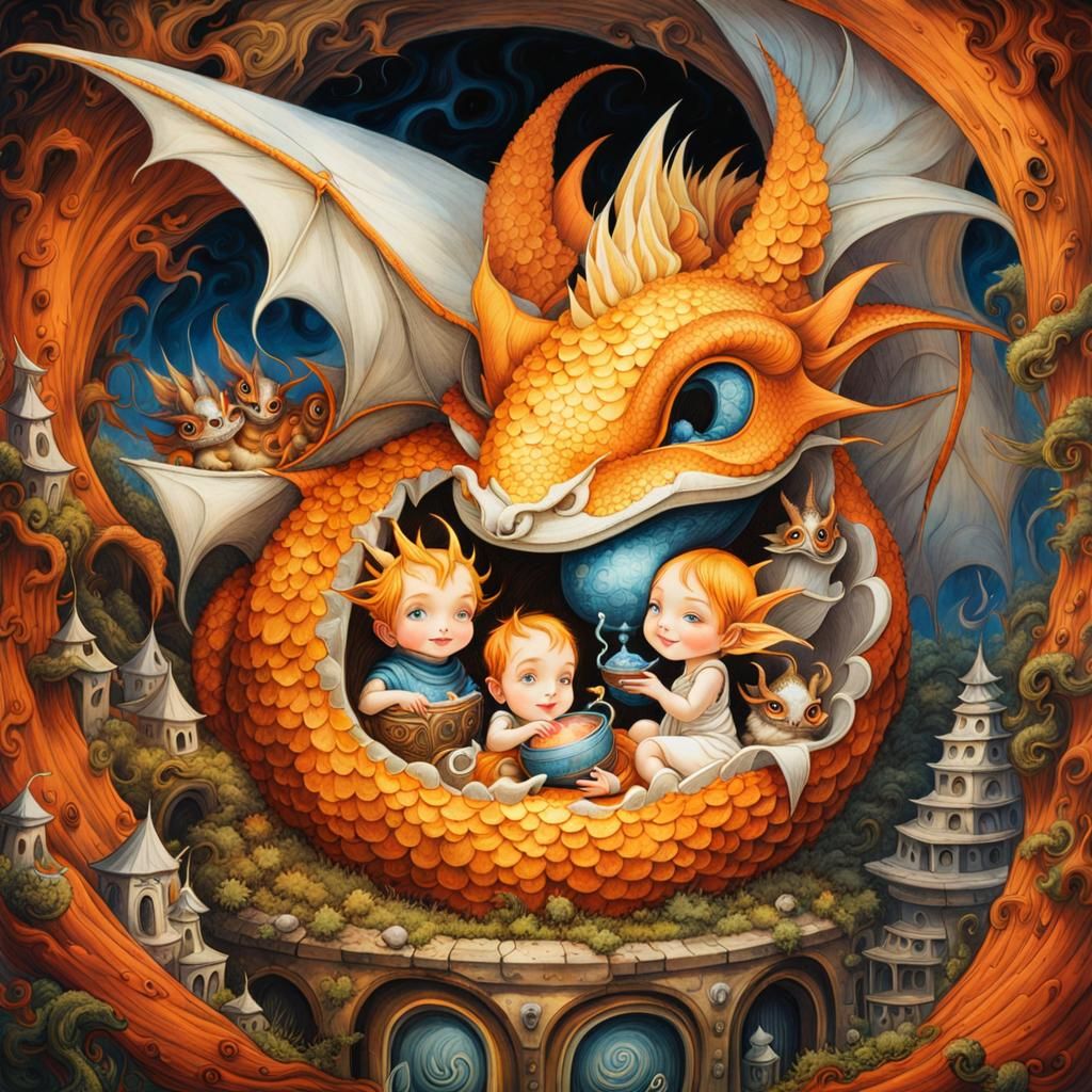 Kind dragon creating a little nest to protect it's friends