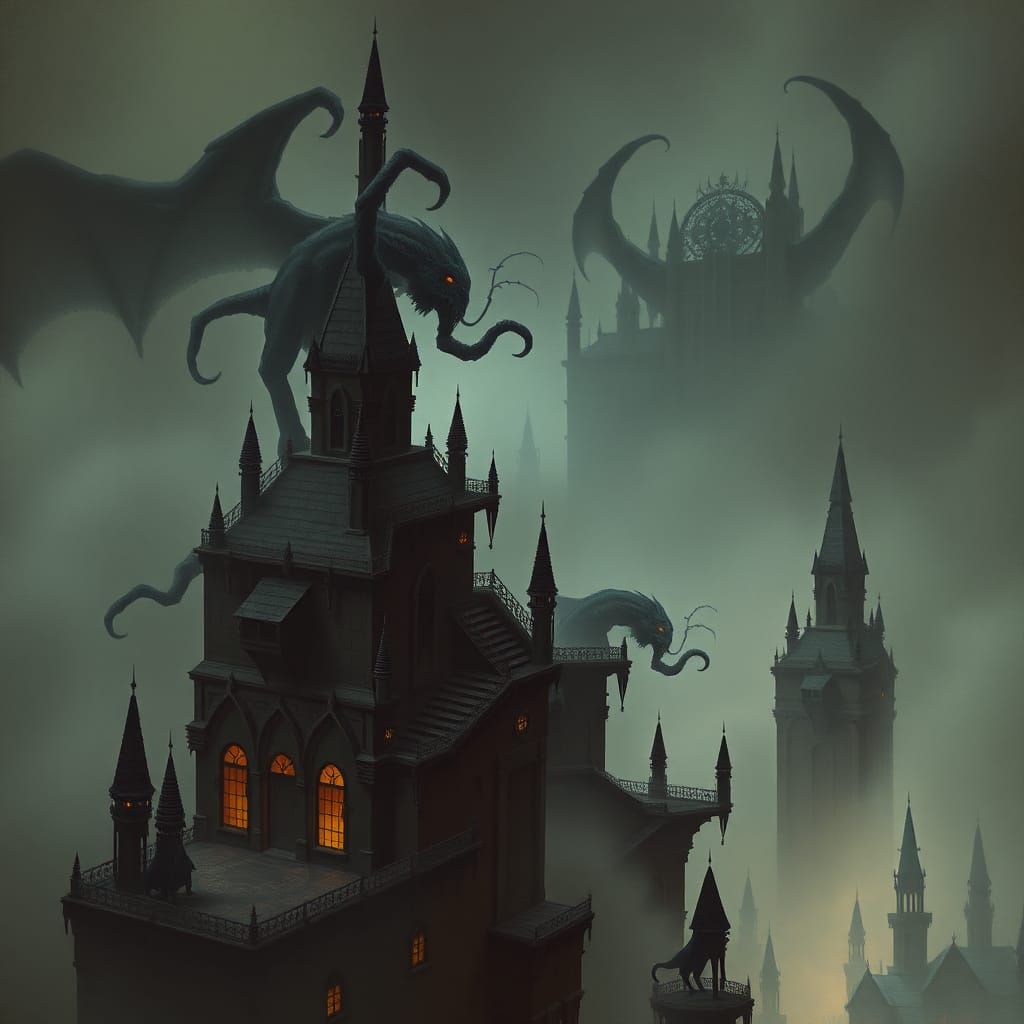 Eldritch Beings in Mist-Shrouded Cityscape