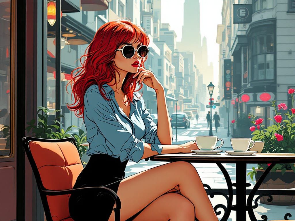 Retro-Futurist Woman at Cafe in Graphic Novel Style