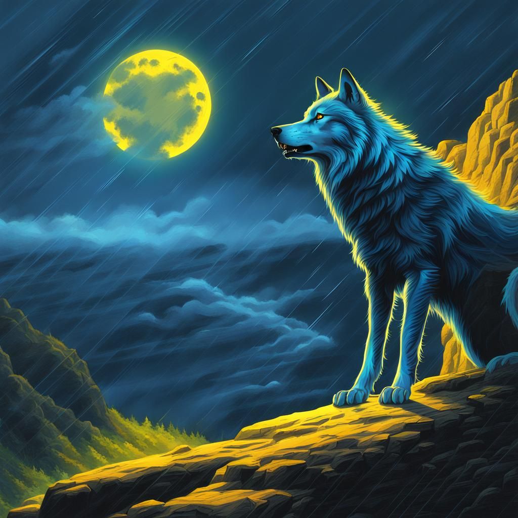 Blue Wolf Howling in Thunderstorm with Yellow Eyes