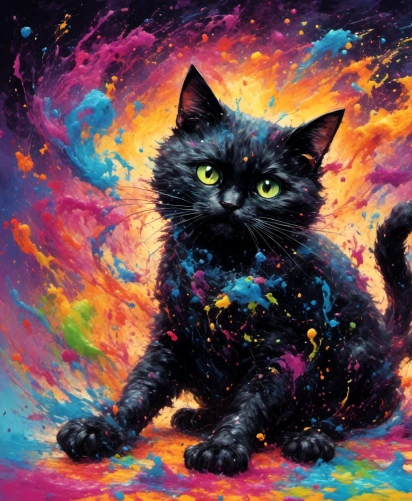 Anthropomorphic Black Cat Throws Salt with Neon Glow