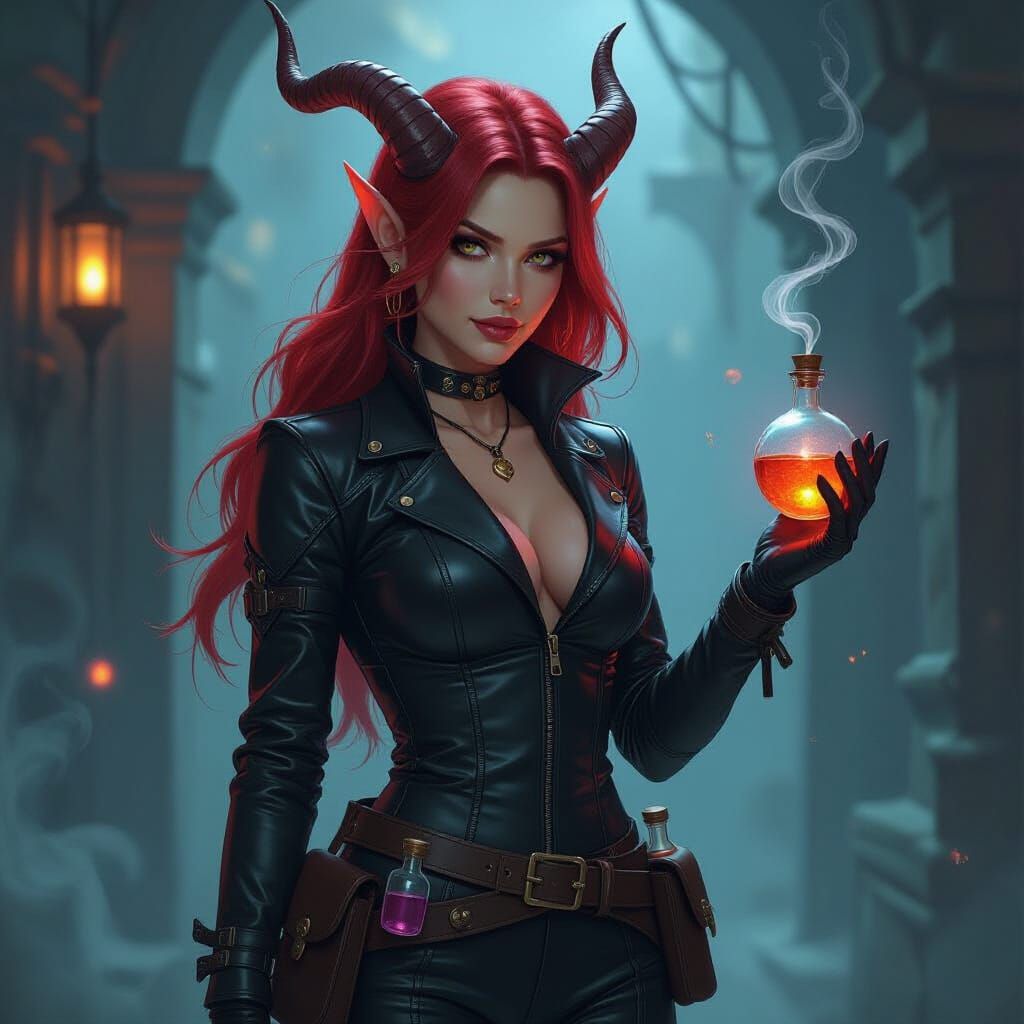 Confident Tiefling Alchemist in Dimly Lit Environment