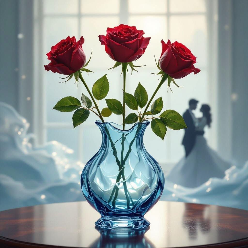 Roses in Blue Crystal Vase with Dreamy Silhouette