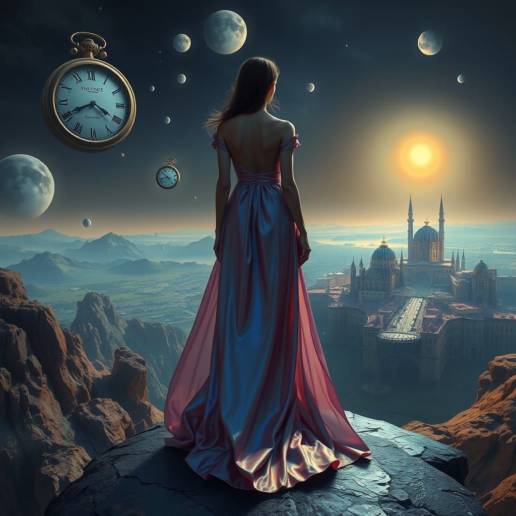 Surreal Goddess in Dreamlike Landscape with Melting Clocks a...