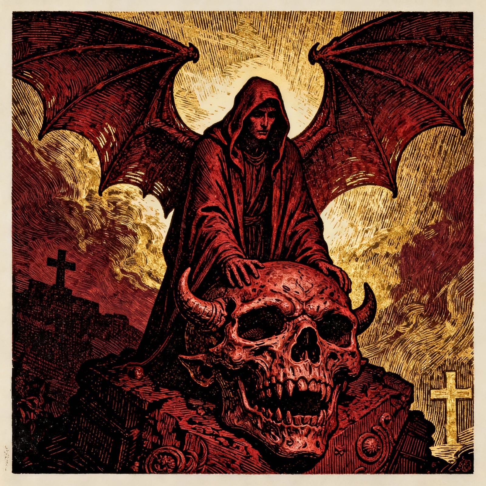 Hooded Figure Emerges from Demonic Skull with Bat Wings