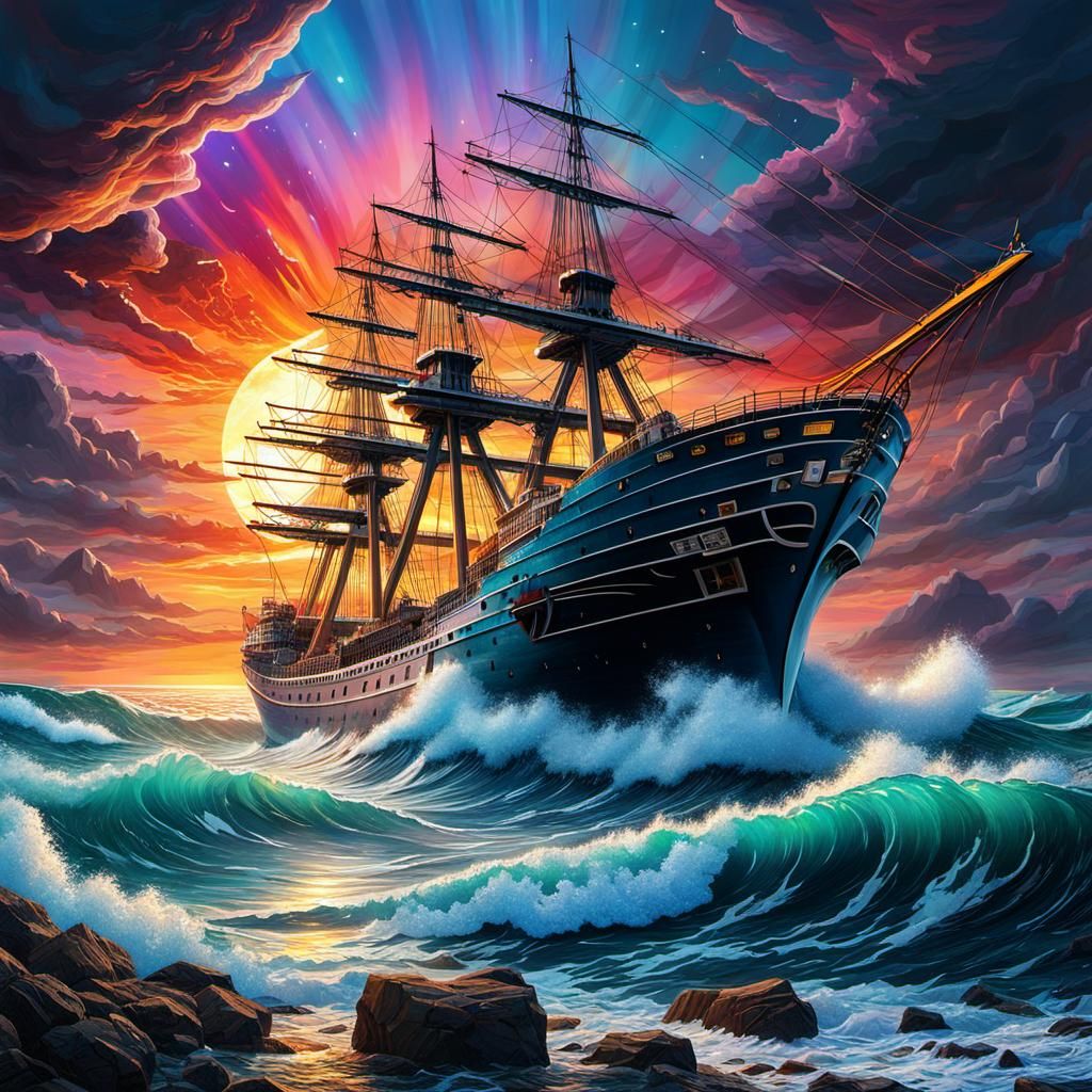 Cosmic Ship at Stormy Coast by Pablo Amaringo