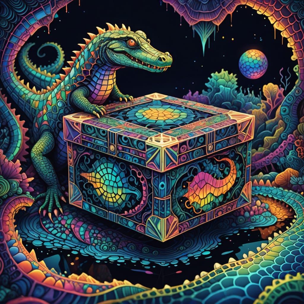 Mysterious Box Near Crocodile with Fractal Details