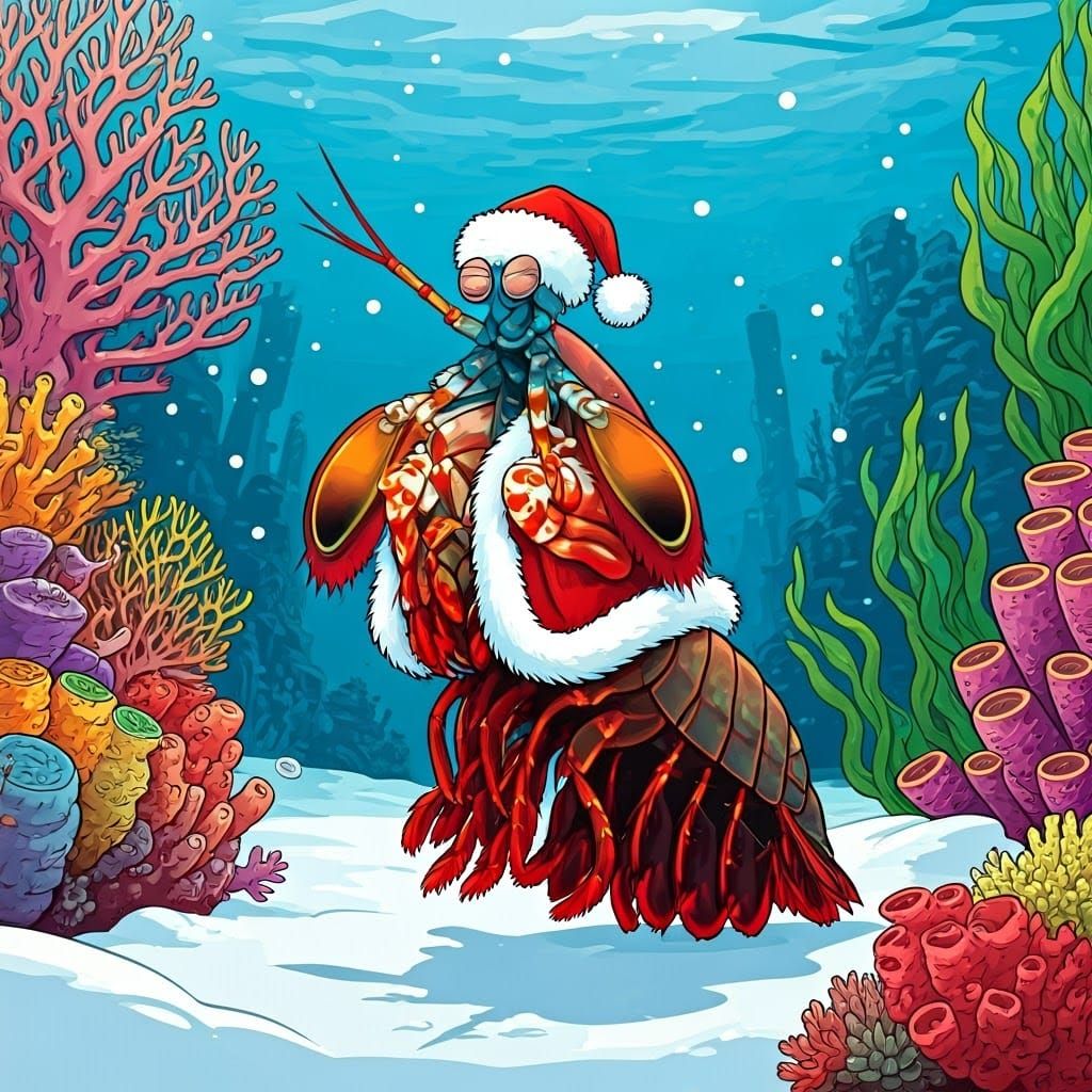 Mantis Shrimp Santa in Vibrant Underwater City
