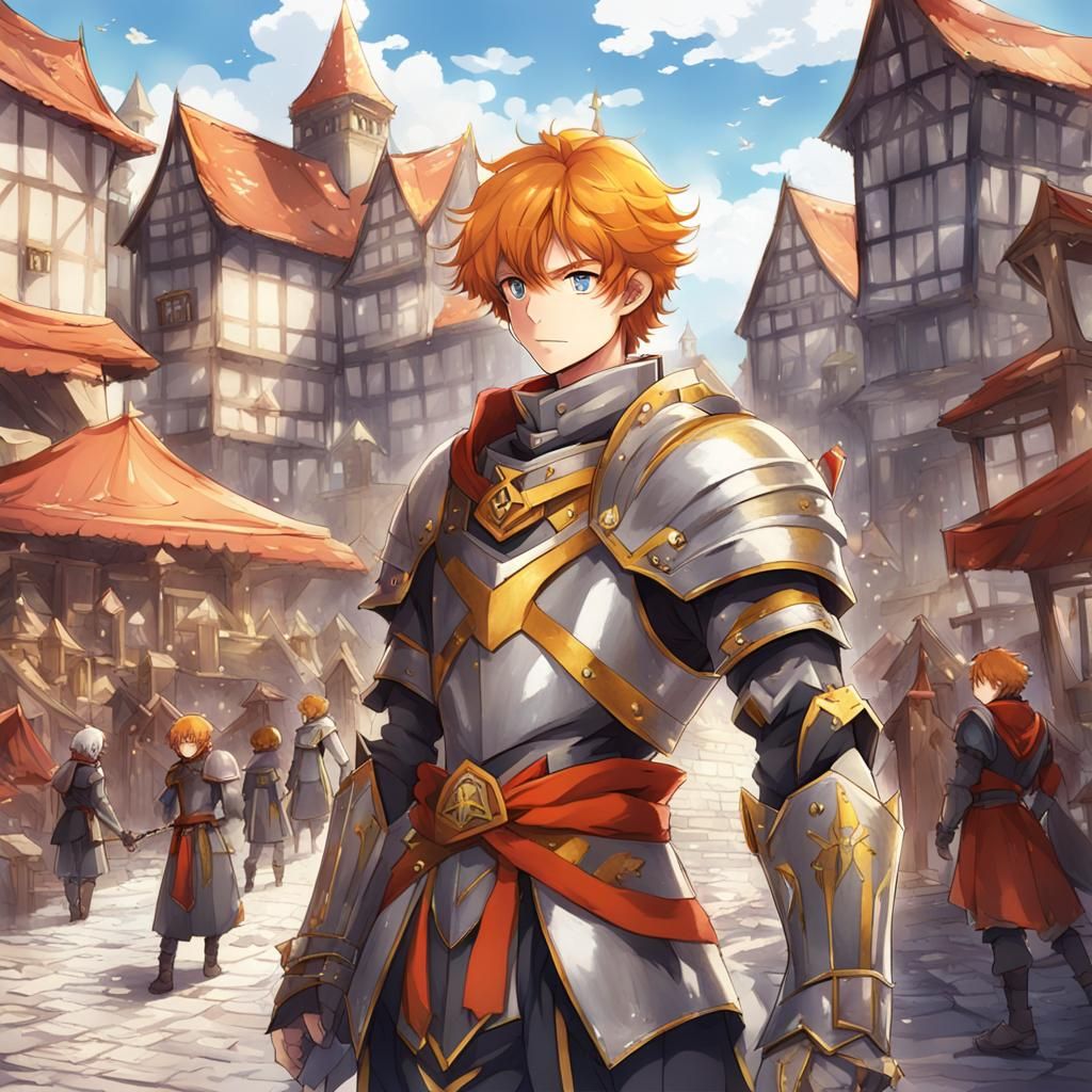 Fantasy Lord in Medieval Town Square, Anime Style